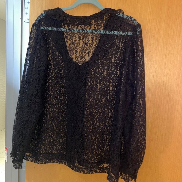 Lady Winn California by Teddi Womens Blouse Size Large Black Lace Ruffle Trim - Picture 2 of 9